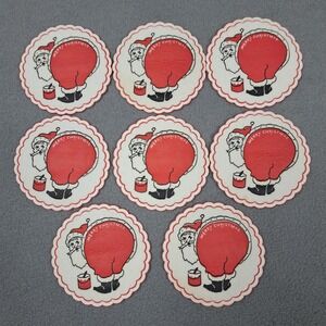Vintage Paper Coaster Barware Christmas‎ Santa 8ct Scalloped Holiday Cocktails